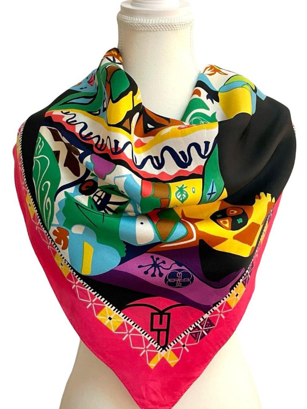 Vintage 100% Silk Abstract Art Scarf 34 x 35 Bright Multicolor Square Wrap